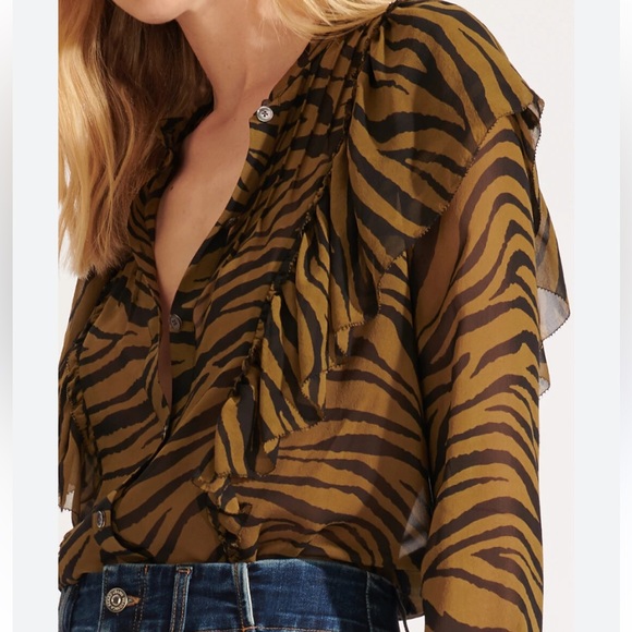 Veronica Beard Tiger-Print Ruffle Button-Front Blouse - Picture 4 of 12